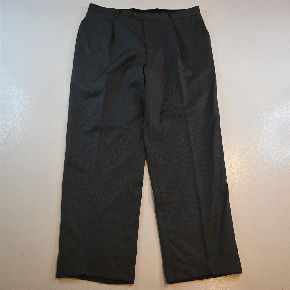 Vtg‎ Y2K Boxy 2000s 42S 33x29 Gray Striped 100% Wool Mens Jacket Pants Suit